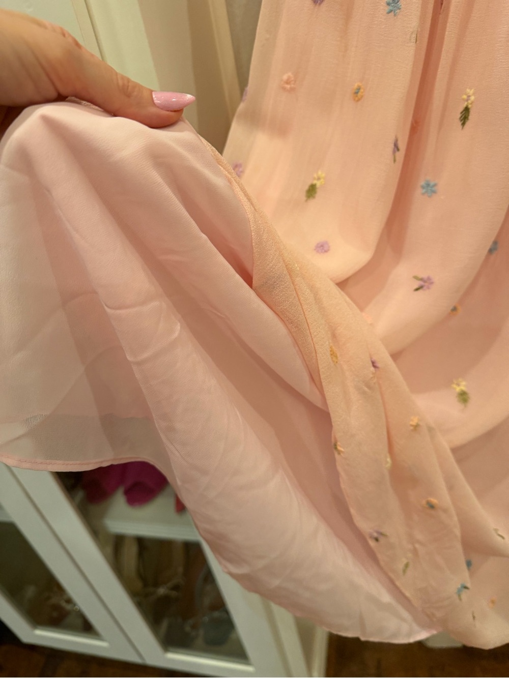 LoveShackFancy silk chiffon midi embroidered baby pink dress. Size S. Like new - Picture 3 of 8